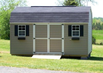 12 x 16 V-High Barn with clay siding, white trim, onyx black shingles, and black shutters