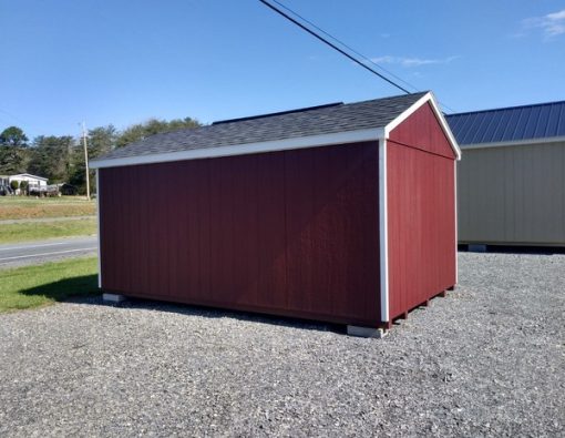 10 x 16 size painted a-roof style shed with pinnacle red siding, white trim, black architectural shingle roof, black shutters, 8' ridge vent, good's garden sheds 6 foot doors, two windows.