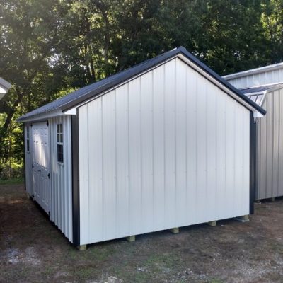 12x16 size metal classic style shed with white trim, alamo metal siding, black metal roof, corners and j channel, 6 foot fiber doors with two windows.