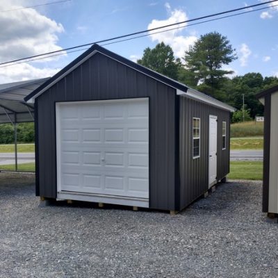 12x20 size metal classic garage style shed with white trim, charcoal metal siding, black metal roof, corners and j channel, 8x7 garage door, 3 foot fiber solid shed door with two windows.