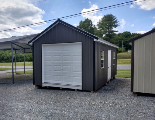 12x20 size metal classic garage style shed with white trim, charcoal metal siding, black metal roof, corners and j channel, 8x7 garage door, 3 foot fiber solid shed door with two windows.