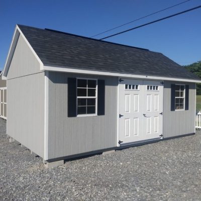 12 x 20 size painted garden style shed with gap gray siding, white trim, black architectural shingle roof, black shutters, (2) 8' ridge vents, fiber transom 6 foot shed doors, two windows.