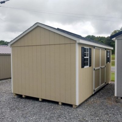 10 x 16 size painted a-roof style shed with leola almond siding, white trim, black architectural shingle roof, black shutters, 8' ridgevent, ggs 6 foot doors, two windows.