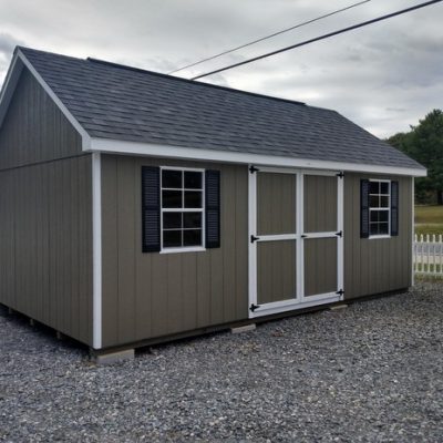 12 x 20 size painted garden style shed with clay siding, white trim, black architectural shingle roof, black shutters, 16' ridgevent, ggs 6 foot doors, two windows.
