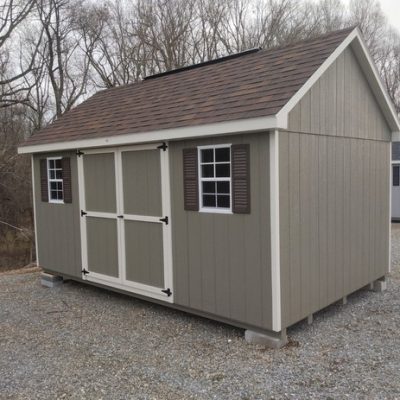 10 x 16 size painted garden style shed with clay siding, mist trim, brownwood architectural shingle roof, brown shutters, 8' ridge vent, ggs 6 foot doors, two windows.