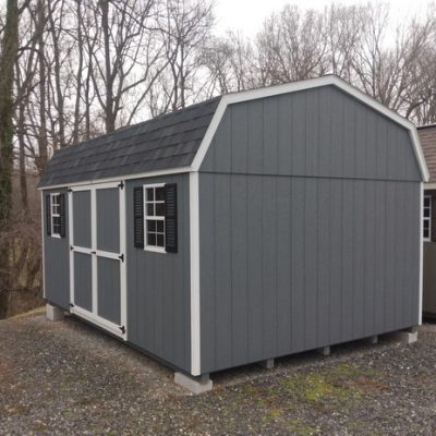 12 x 16 size painted high barn style shed with gray siding, white trim, black architectural shingle roof, black shutters, 8' ridge vent, ggs 6 foot doors, two windows.