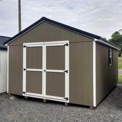 12 x 16 size painted a-roof style shed with clay siding, white trim, black metal roof, black shutters, ggs 6 foot doors, two windows.