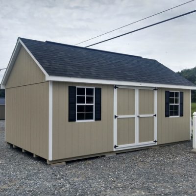 12 x 20 size painted garden style shed with leola almond siding, white trim, black architectural shingle roof, black shutters, 16' ridgevent, ggs 6 foot doors, two windows.