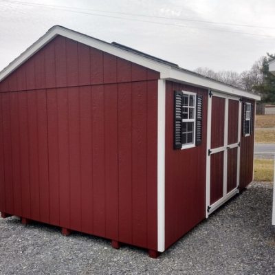 10 x 16 size painted a-roof style shed with pinnacle red siding, white trim, estate gray architectural shingle roof, black shutters, 8' ridge vent, ggs 6 foot doors, two windows.