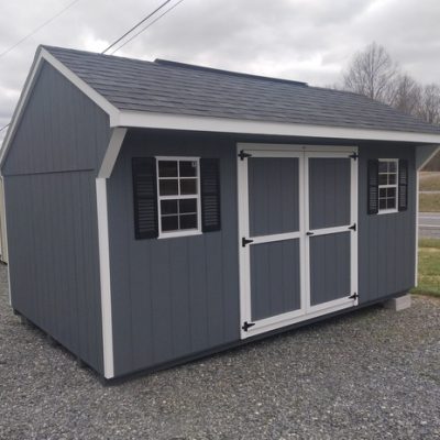 10 x 16 size painted carriage style shed with gray siding, white trim, black architectural shingle roof, black shutters, (1) 8' ridge vent, ggs 6 foot doors, two windows.