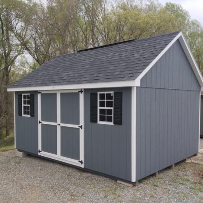 12 x 16 size painted garden style shed with gray siding, white trim, black architectural shingle roof, black shutters, (1) 8' ridge vent, ggs 6 foot doors, two windows.
