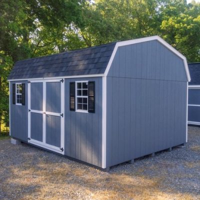12 x 16 size painted high barn style shed with gray siding, white trim, black architectural shingle roof, black shutters, (1) 8' ridge vent, ggs 6 foot doors, two windows.