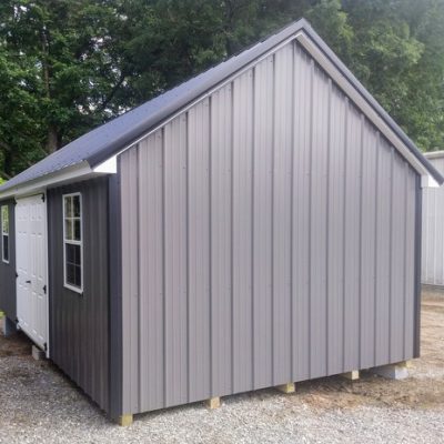 12x20 size metal garden style shed with white trim, charcoal metal siding, black metal roof, corners and j channel, 6 foot fiber double shed doors with two windows.