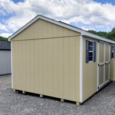 10 x 16 size painted a-roof style shed with new holland beige siding, white trim, driftwood architectural shingle roof, blue shutters, (1) 8' ridge vent, ggs 6 foot doors, two windows.