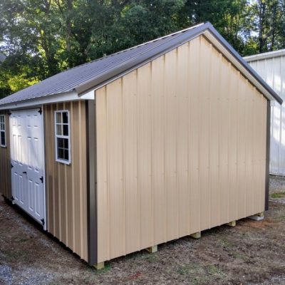 12x16 size metal classic style shed with white trim, tan metal siding, burnished slate metal roof, corners and j channel, 6 foot fiber double shed doors with two windows.
