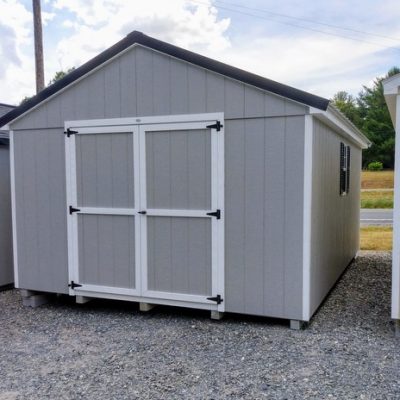 12 x 16 size painted a-roof style shed with gap gray siding, white trim, black metal roof, black shutters, ggs 6 foot doors, two windows.