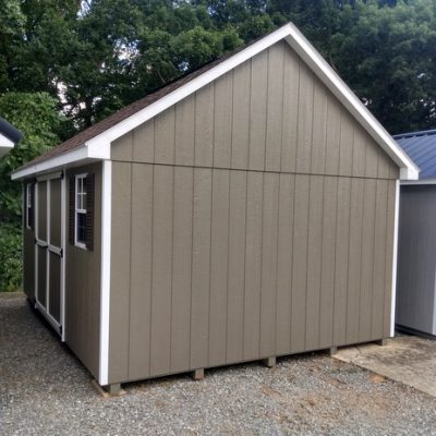 12 x 16 size painted garden style shed with clay siding, white trim, brownwood architectural shingle roof, brown shutters, (1) 8' ridge vent, ggs 6 foot double doors, two windows.