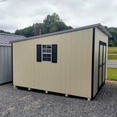 12x12 size painted economy style shed with navajo white siding, black trim, ash gray metal roof, black shutters, ggs 6 foot doors with two windows.