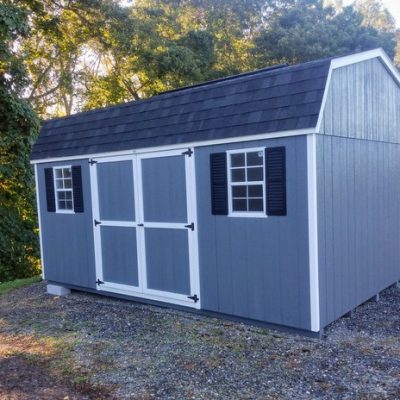 12 x 16 size painted high barn style shed with gray siding, white trim, black architectural shingle roof, black shutters, (1) 8' ridge vent, ggs 6 foot double doors, two windows.