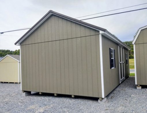 14 x 28 size painted classic garage style shed with clay siding, white trim, burnished slate metal roof, black shutters, garage door with glass, ggs 6 foot double doors 1' ft taller, two windows.