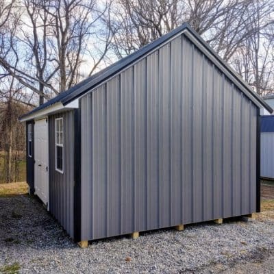 12x20 size metal garden style shed with white trim, charcoal metal siding, black metal roof, corners and j channel, 6 foot fiber double shed doors with two windows.