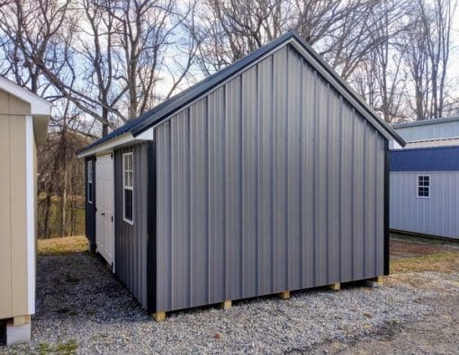 12x20 size metal garden style shed with white trim, charcoal metal siding, black metal roof, corners and j channel, 6 foot fiber double shed doors with two windows.