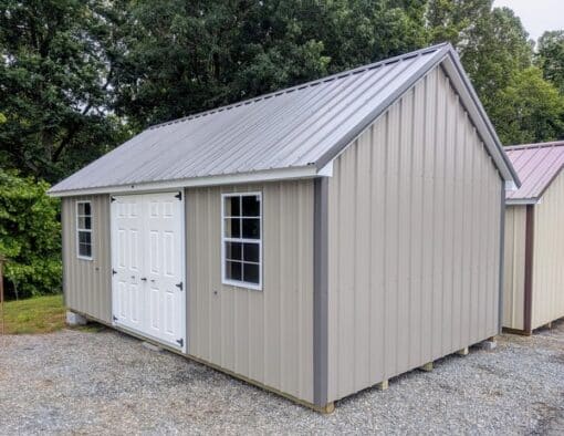 12x20 size metal garden style shed with white trim, taupe metal siding, charcoal metal roof, corners and j channel, 6 foot fiber double shed doors with two windows.