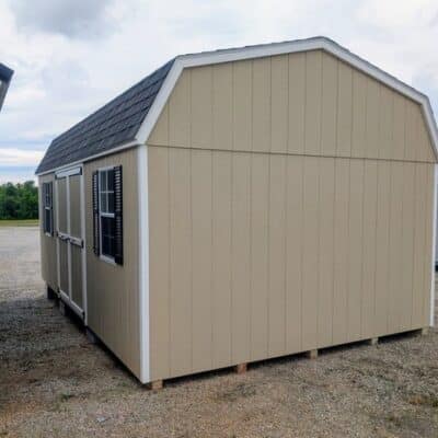 12 x 20 size painted high barn style shed with leola almond siding, white trim, black architectural shingle roof, black shutters, (2) 8' ridge vents, ggs 6 foot double doors, two windows.