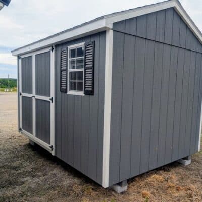 8 x 12 size painted a-roof style shed with gray siding, white trim, black architectural shingle roof, black shutters, (1) 8' ridge vent, ggs 6 foot double doors, one window.
