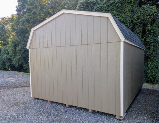 12 x 16 size painted high barn style shed with clay siding, pearl trim, black architectural shingle roof, black shutters, (1) 8' ridge vent, ggs 6 foot double doors, two windows.