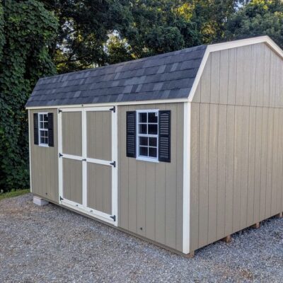 12 x 16 size painted high barn style shed with clay siding, pearl trim, black architectural shingle roof, black shutters, (1) 8' ridge vent, ggs 6 foot double doors, two windows.