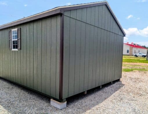 12 x 16 size painted a-roof style shed with avocado siding, brown trim, brownwood architectural shingle roof, brown shutters, (1) 8' ridge vent, ggs 6 foot double doors, two windows.