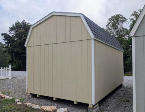 10 x 16 size painted high barn style shed with leola almond siding, white trim, black architectural shingle roof, black shutters, (1) 8' ridge vent, ggs 6 foot double doors, two windows.