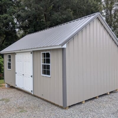 12x20 size metal garden style shed with white trim, taupe metal siding, charcoal metal roof, corners and j channel, 6 foot fiber double shed doors with two windows.