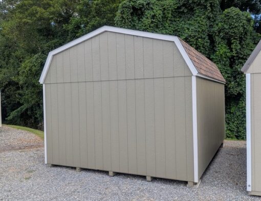 12 x 16 size painted high barn style shed with clay siding, mist trim, brownwood architectural shingle roof, brown shutters, (1) 8' ridge vent, ggs 6 foot double doors, two windows.