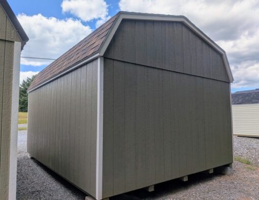 12 x 16 size painted high barn style shed with clay siding, mist trim, brownwood architectural shingle roof, brown shutters, (1) 8' ridge vent, ggs 6 foot double doors, two windows.