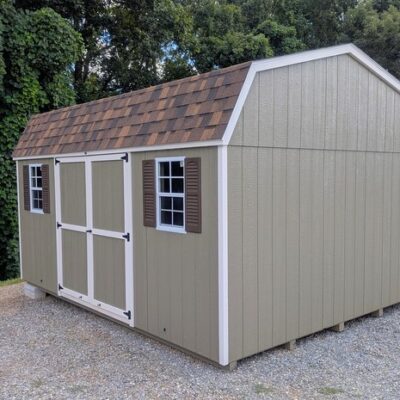 12 x 16 size painted high barn style shed with clay siding, mist trim, brownwood architectural shingle roof, brown shutters, (1) 8' ridge vent, ggs 6 foot double doors, two windows.
