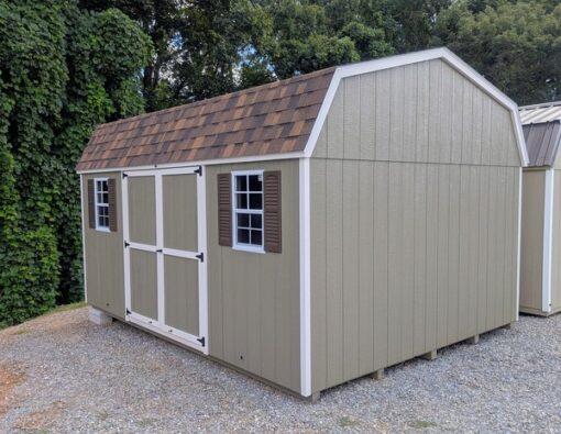 12 x 16 size painted high barn style shed with clay siding, mist trim, brownwood architectural shingle roof, brown shutters, (1) 8' ridge vent, ggs 6 foot double doors, two windows.