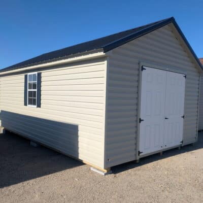 12 x 20 size vinyl classic style shed with olive siding, olive trim, black metal roof, black shutters, fiber solid 6 foot double shed doors, two windows.