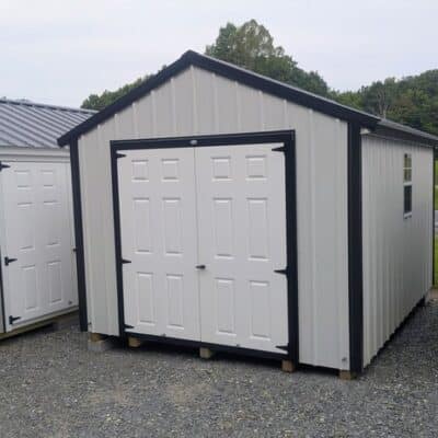10x12 size metal a-roof style shed with black trim, alamo metal siding, black metal roof, corners and j channel, 6 foot fiber double shed doors with two windows.