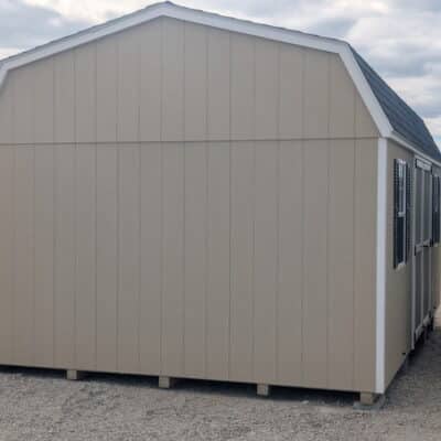 12 x 20 size painted high barn style shed with leola almond siding, white trim, black architectural shingle roof, black shutters, (2) 8' ridge vents, ggs 6 foot double doors, two windows.